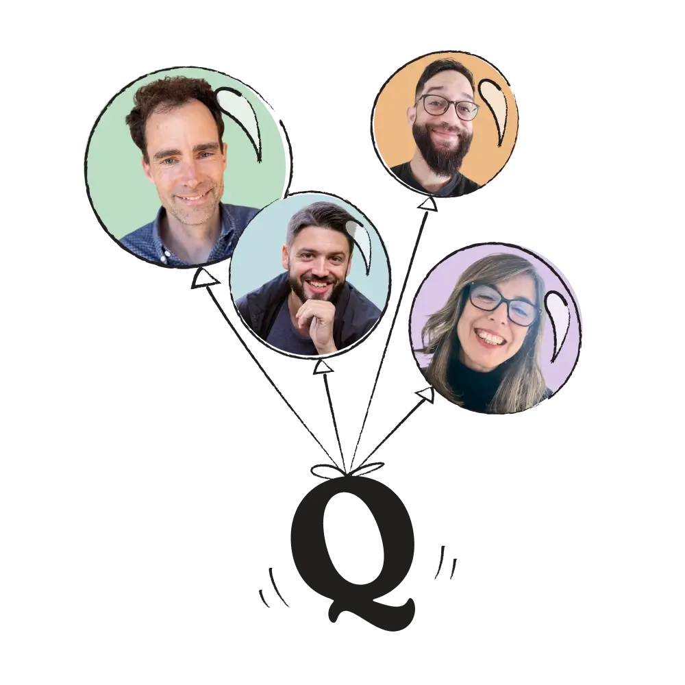 Quaderno symbol held by balloons that contain headshots of Quaderno team