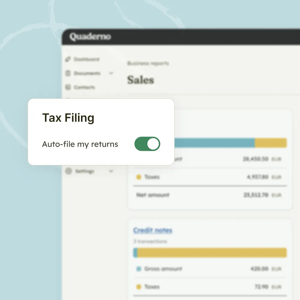 Quaderno interface with a toggle switch for automated tax filing and auto-filing returns.