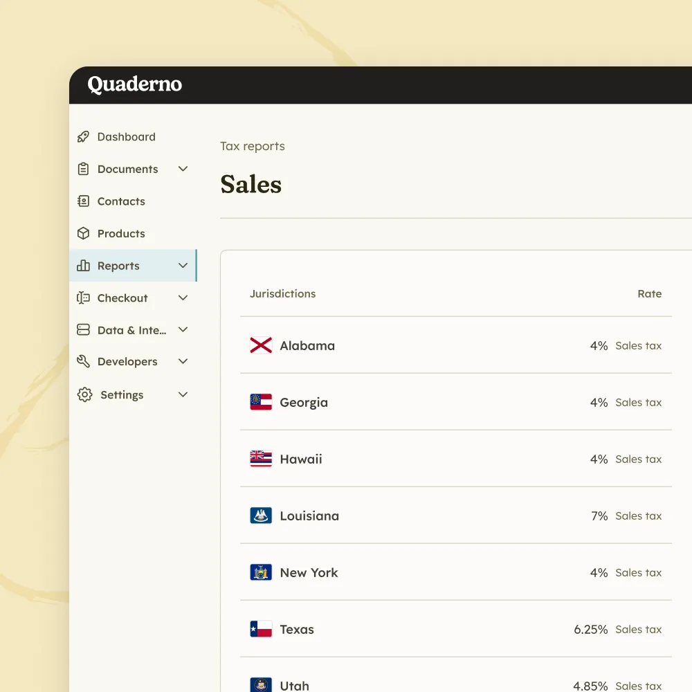 Quaderno tax reports interface displaying sales tax rates for multiple US jurisdictions.