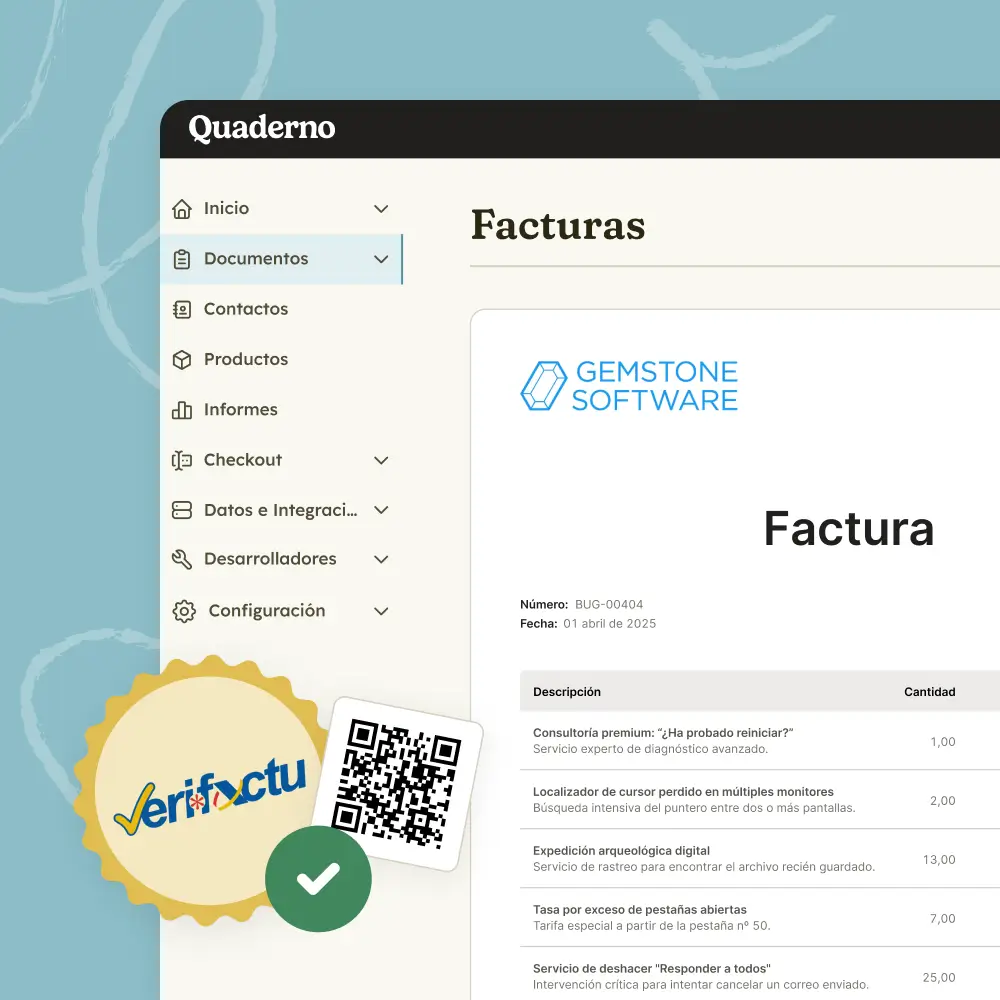 Interfaz Quaderno con una factura y un distintivo Verifactu