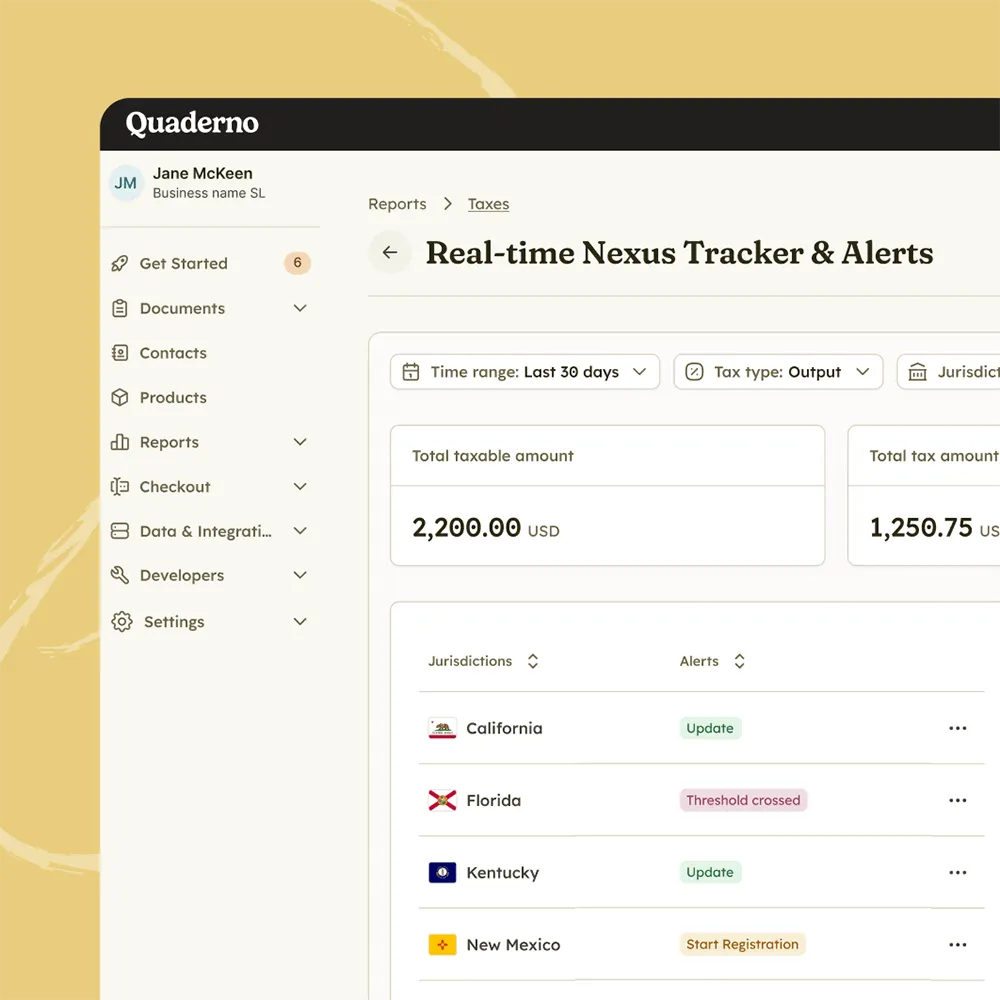 Quaderno interface displaying the Real-time Nexus Tracker with status alerts like Threshold crossed and Start Registration.