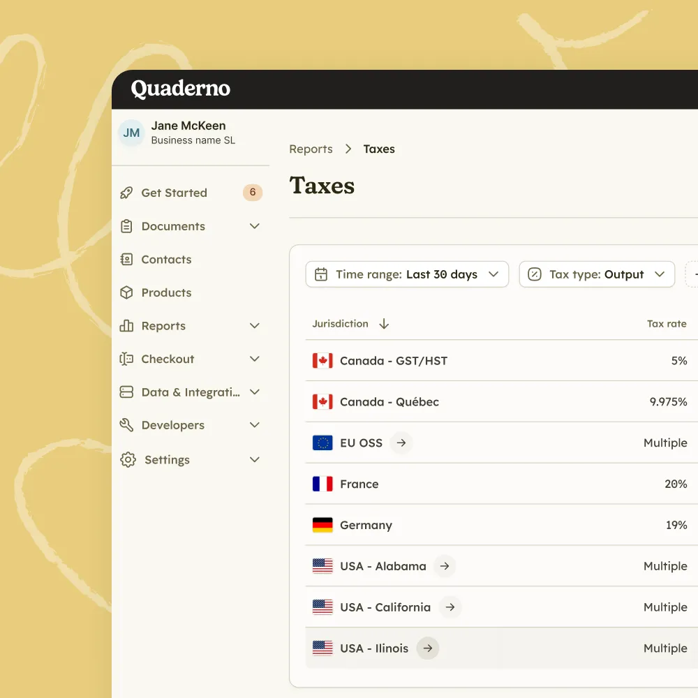 Quaderno tax reports interface displaying tax rates for multiple countries.