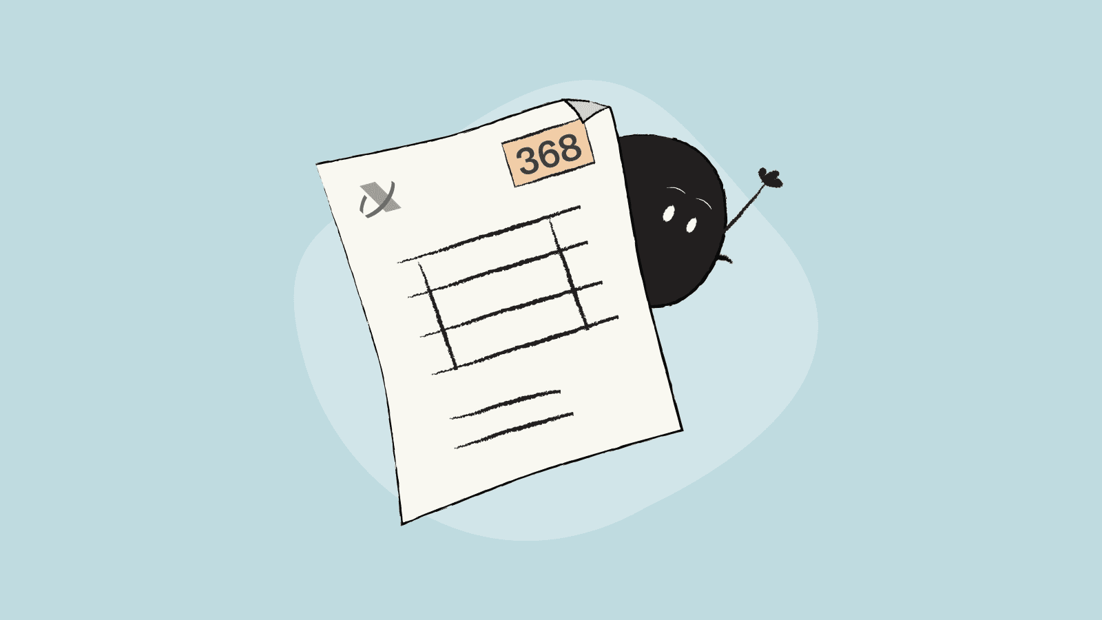 Qoodle waving behind a document
