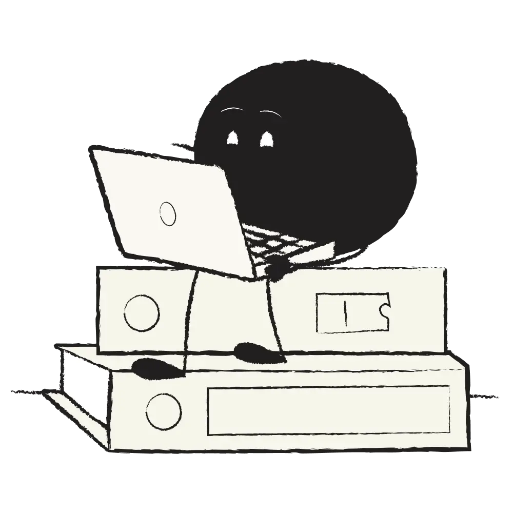 Qoodle on its laptop and sitting on a pile of docs