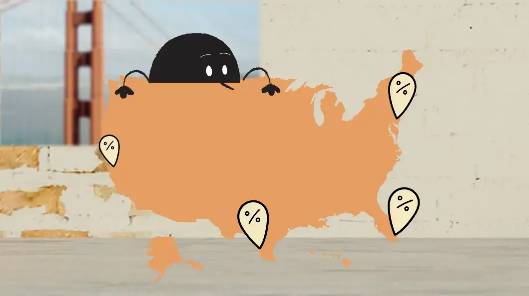 Illustration of Qoodle peeking out from behind a map of the United States