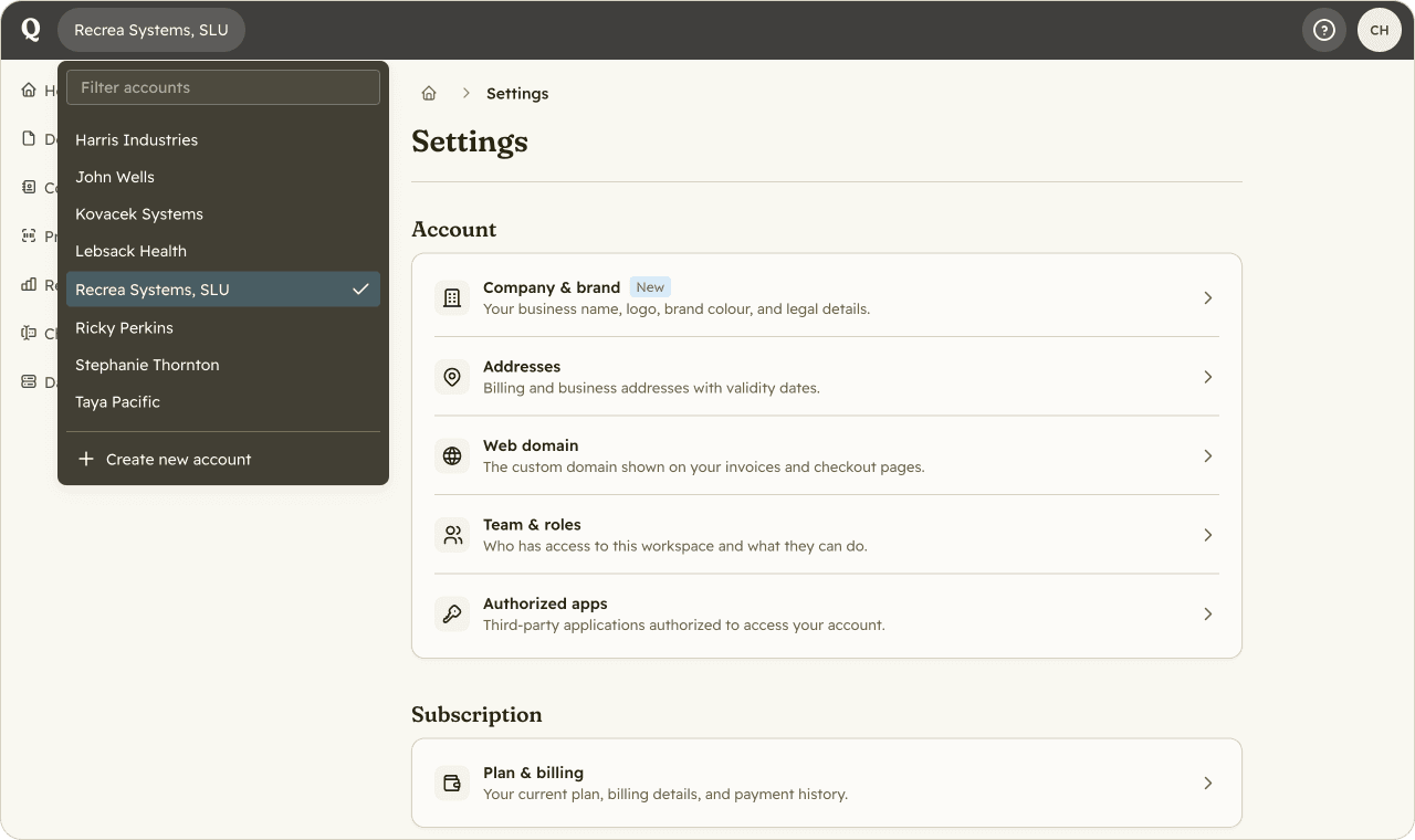 Quaderno account switcher with keyboard navigation and search