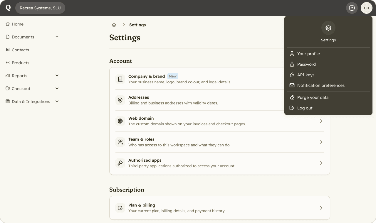 Quaderno settings page consolidated under user profile menu