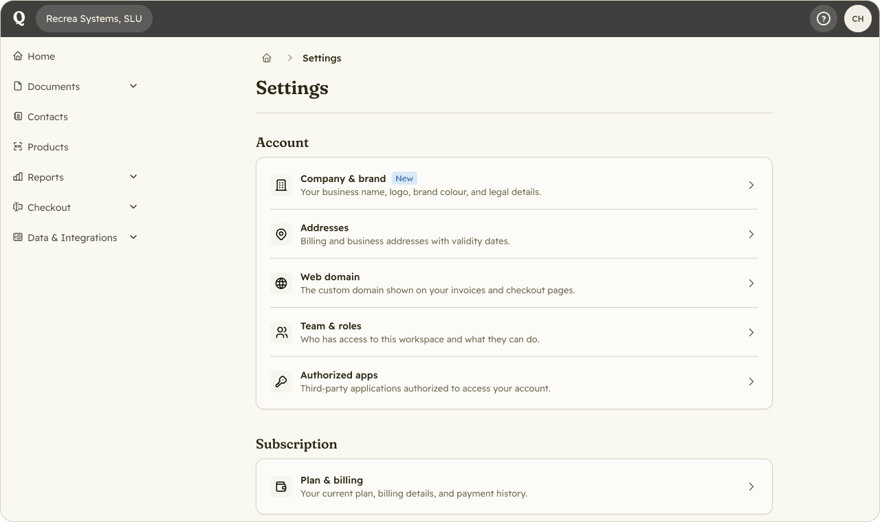 Quaderno persistent sidebar and top navigation bar