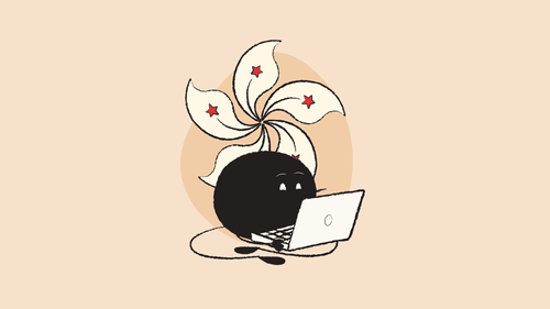 Illustration of Qoodle on it's laptop and with Hong Kong's flag in the background