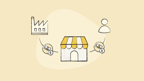 Illustration of a diagram showing a shop receiving money from a company and a user