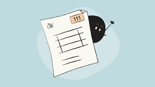 Qoodle waving behind a document