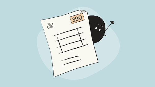 Qoodle waving behind a document