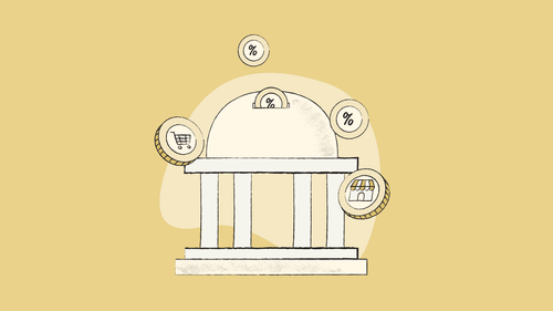 Illustration of a building acting as a piggy bank with coins floating around it