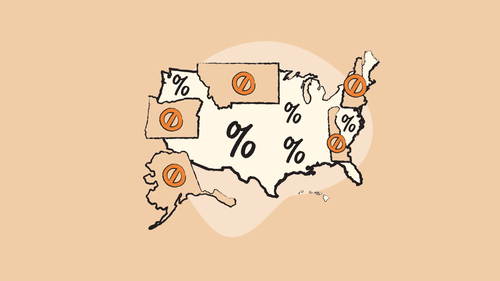 Illustration of a map of the US representing which states do not have sales tax