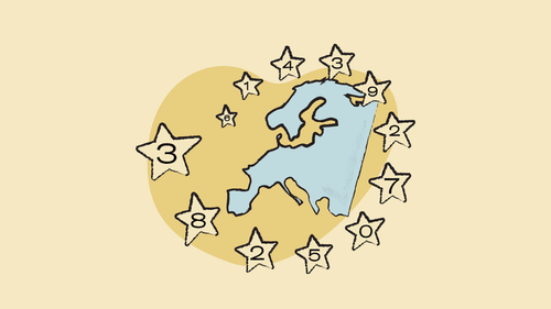 Illustration of a map of Europe surrounded by stars with small numbers