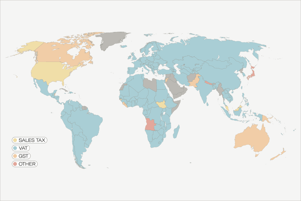 World map with various taxes: Sales tax, VAT, GST and others.